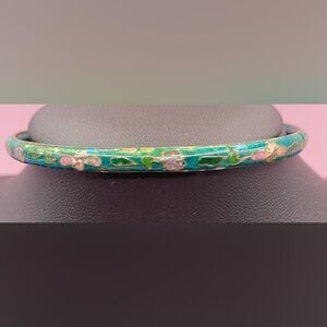 Cloisonne Enamel Bangle Bracelet Green Floral Thin Stacking Jewelry Boho
